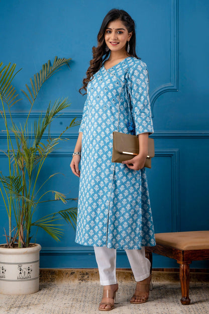 Blue Angarkha A-line Kurta with Bejiya and Mirror Work