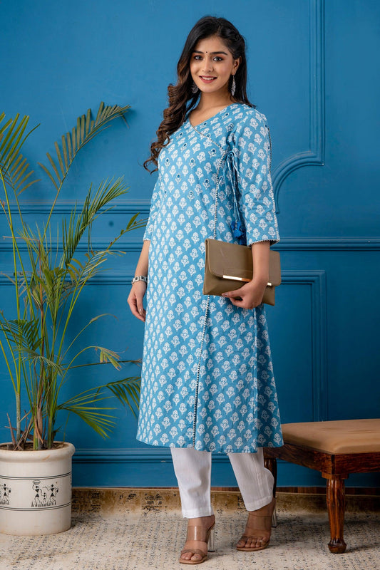 Blue Angarkha A-line Kurta with Bejiya and Mirror Work