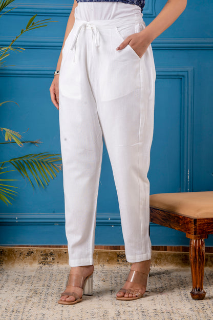 White Poplin Cotton Flex Slim Fit Pants