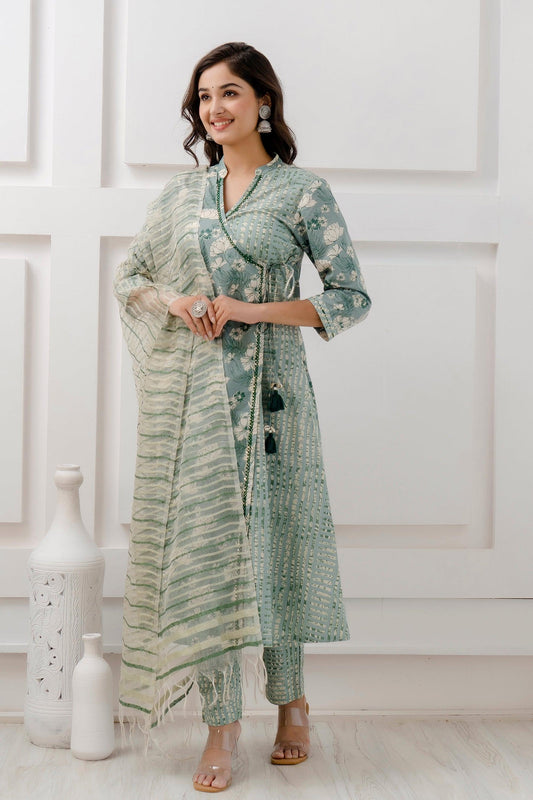 Dusty Green Printed Cotton Angarkha Kurta Pant Dupatta Set