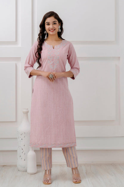 Rose Pink Handloom Cotton Zari Sequins Embroidered Kurta Pant