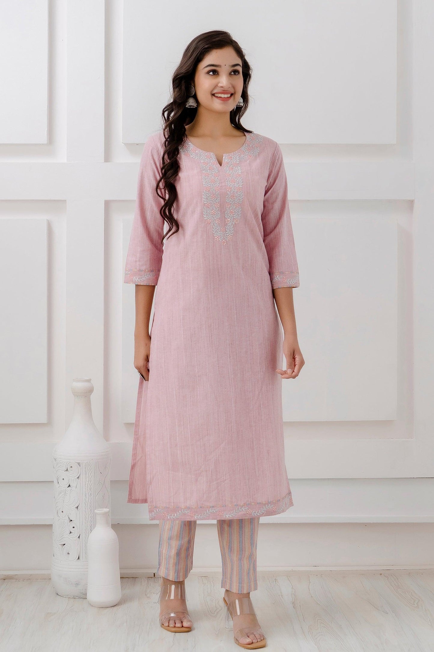 Rose Pink Handloom Cotton Zari Sequins Embroidered Kurta Pant