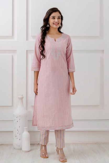 Rose Pink Handloom Cotton Zari Sequins Embroidered Kurta Pant