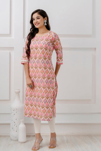 Pink Printed Cotton Kurta