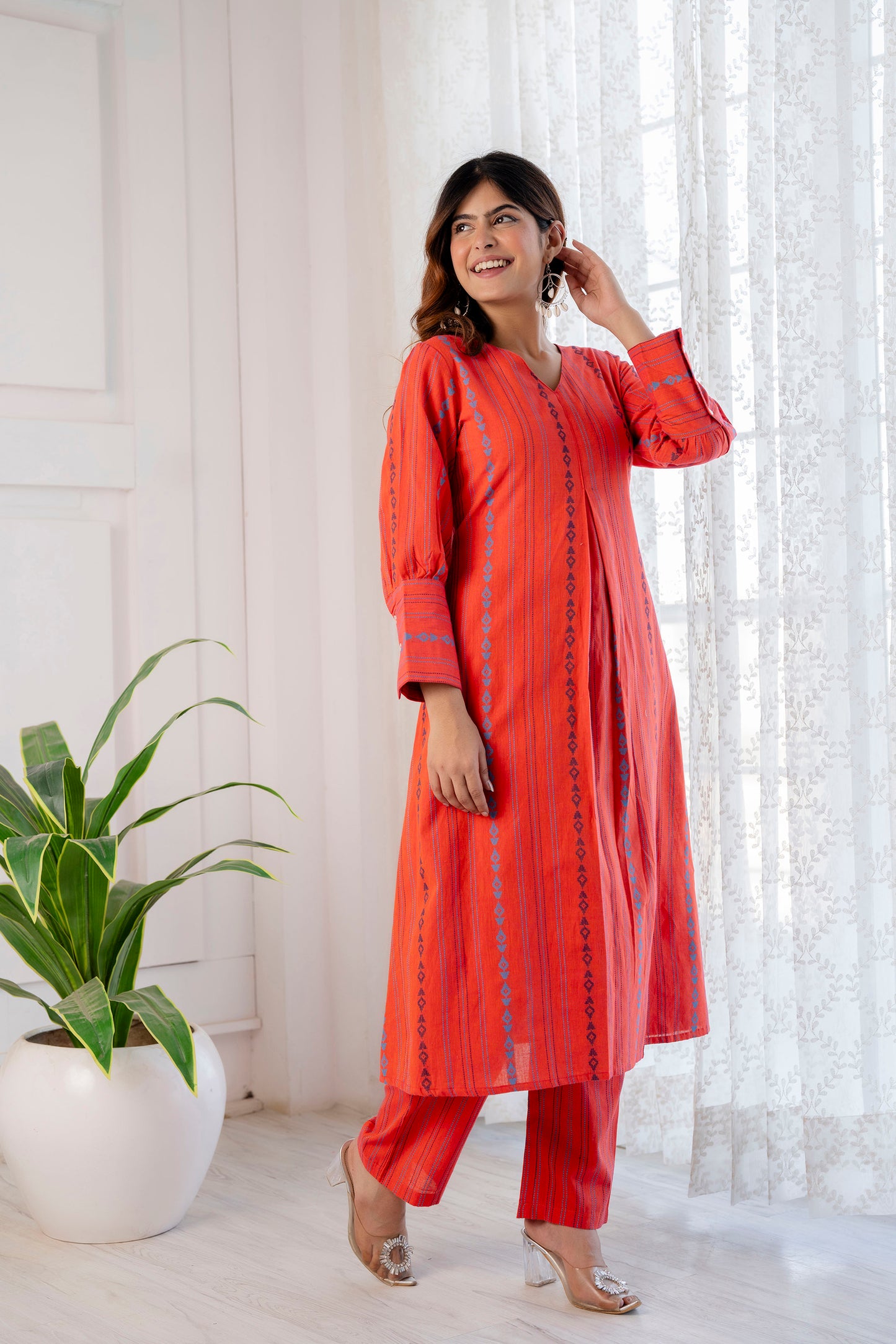 Burnt Orange Hand-weaved Kurta Set