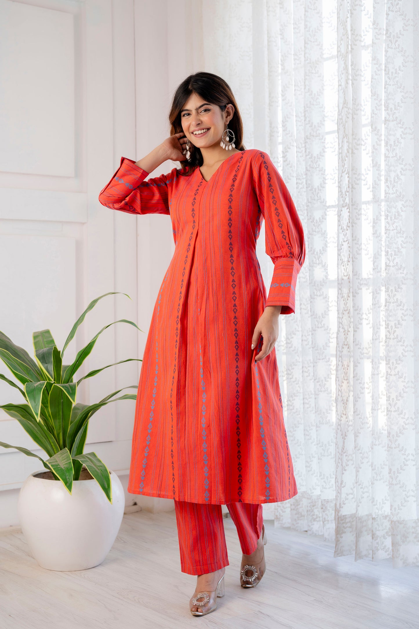 Burnt Orange Hand-weaved Kurta Set