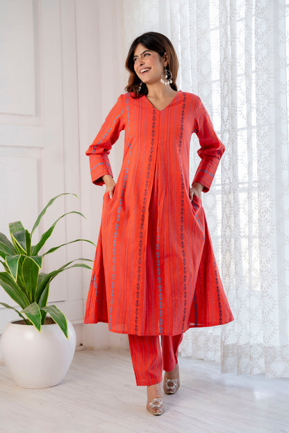 Burnt Orange Hand-weaved Kurta Set