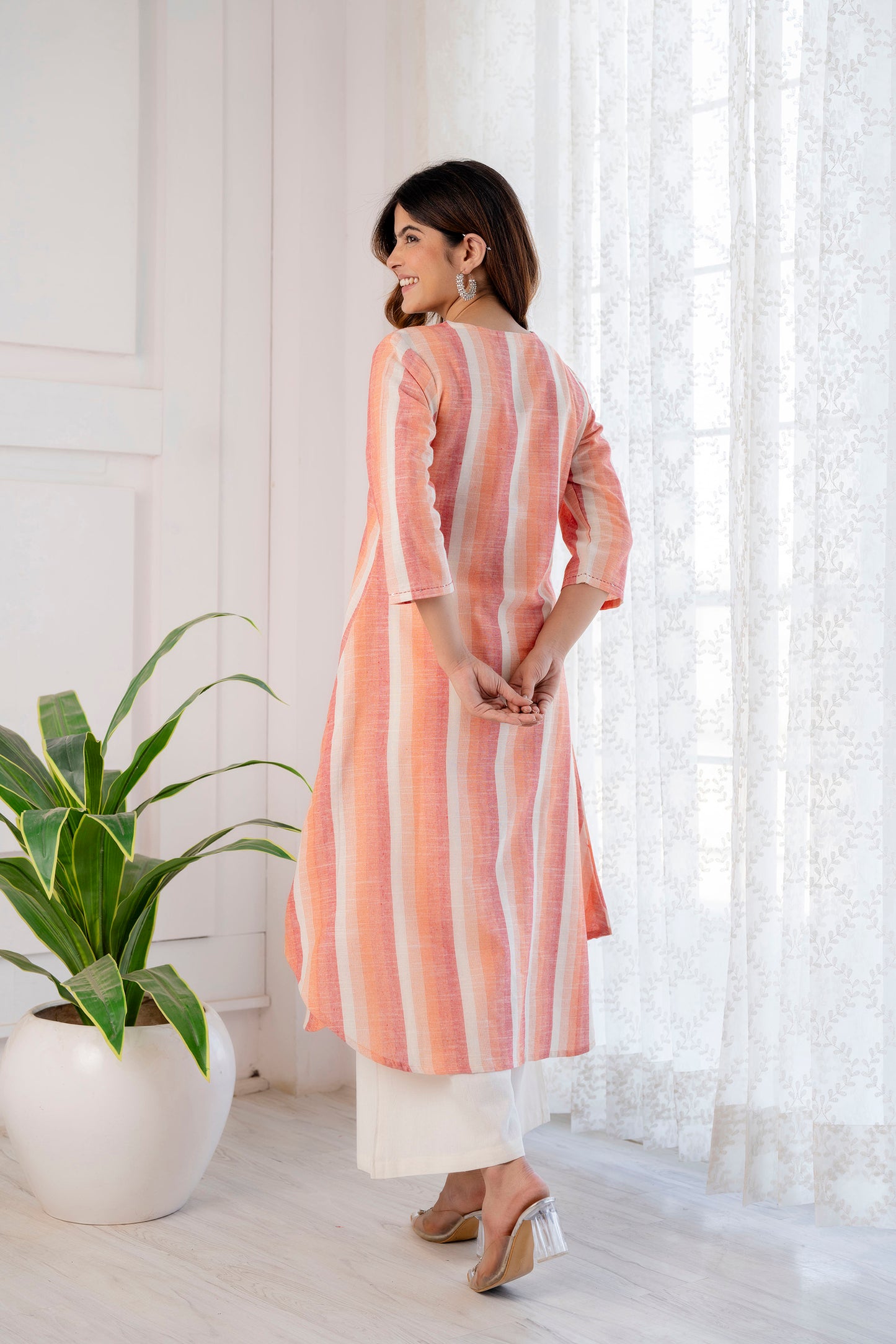 Orange Blossom Striped Handloom Asymmetrical Kurta Set