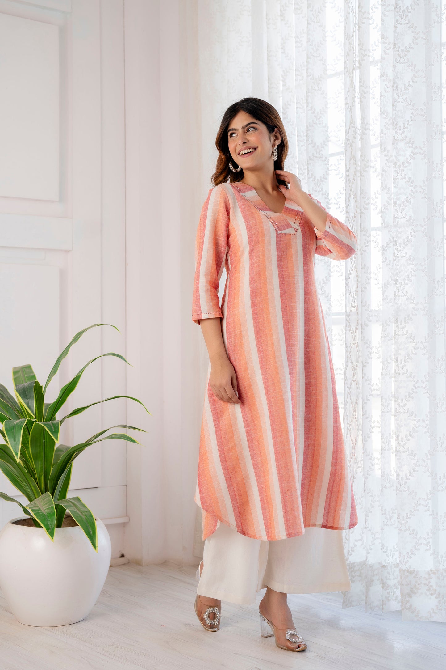 Orange Blossom Striped Handloom Asymmetrical Kurta Set