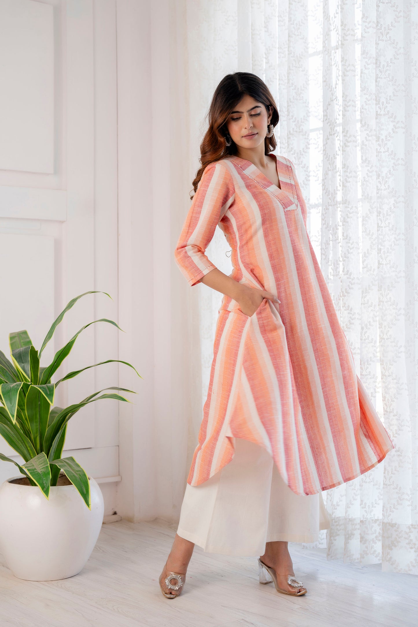 Orange Blossom Striped Handloom Asymmetrical Kurta Set