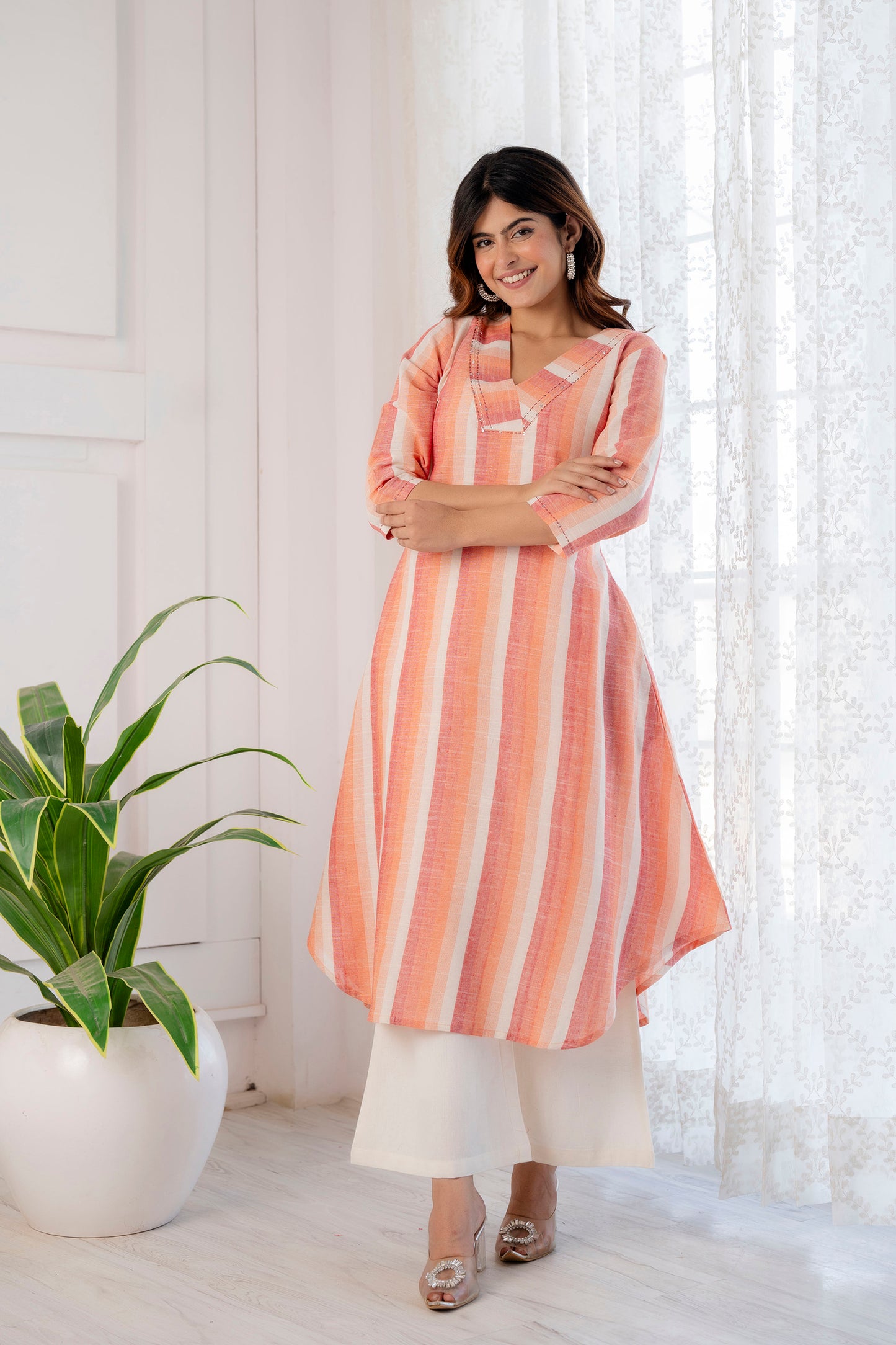 Orange Blossom Striped Handloom Asymmetrical Kurta Set