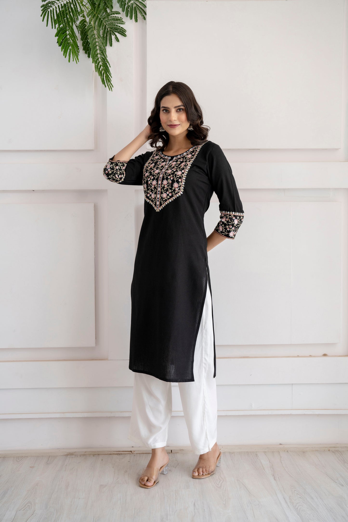 Black Flex Embroidered Cotton Flex Kurta