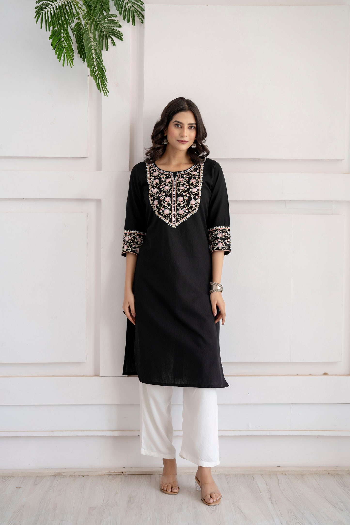 Black Flex Embroidered Cotton Flex Kurta