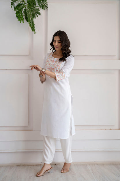 White Flex Multi Embroidered Kurta