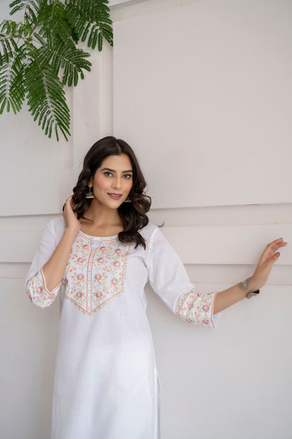 White Flex Multi Embroidered Kurta