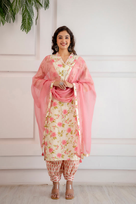 Pink Rose Print Kurta Pant Dupatta Set