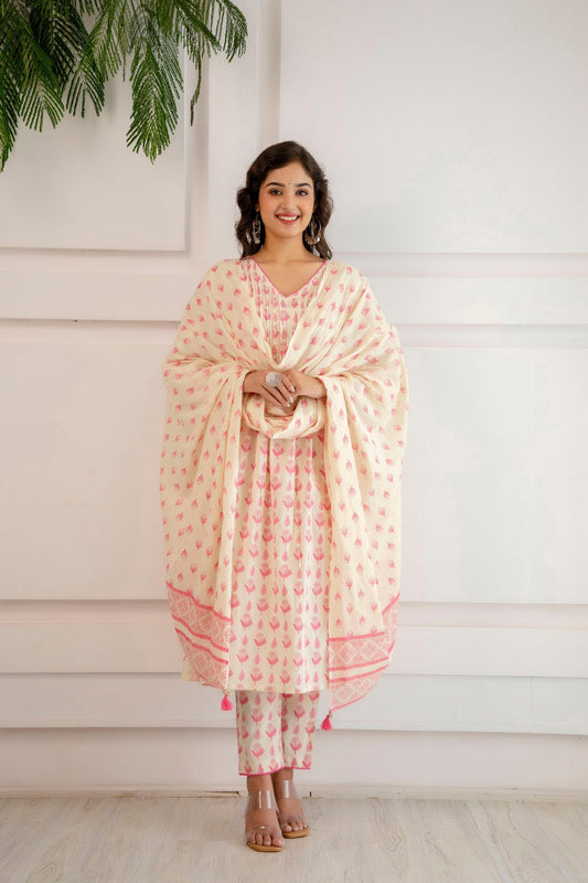 Pink Pintucks and Shell Kurta Pant Dupatta set