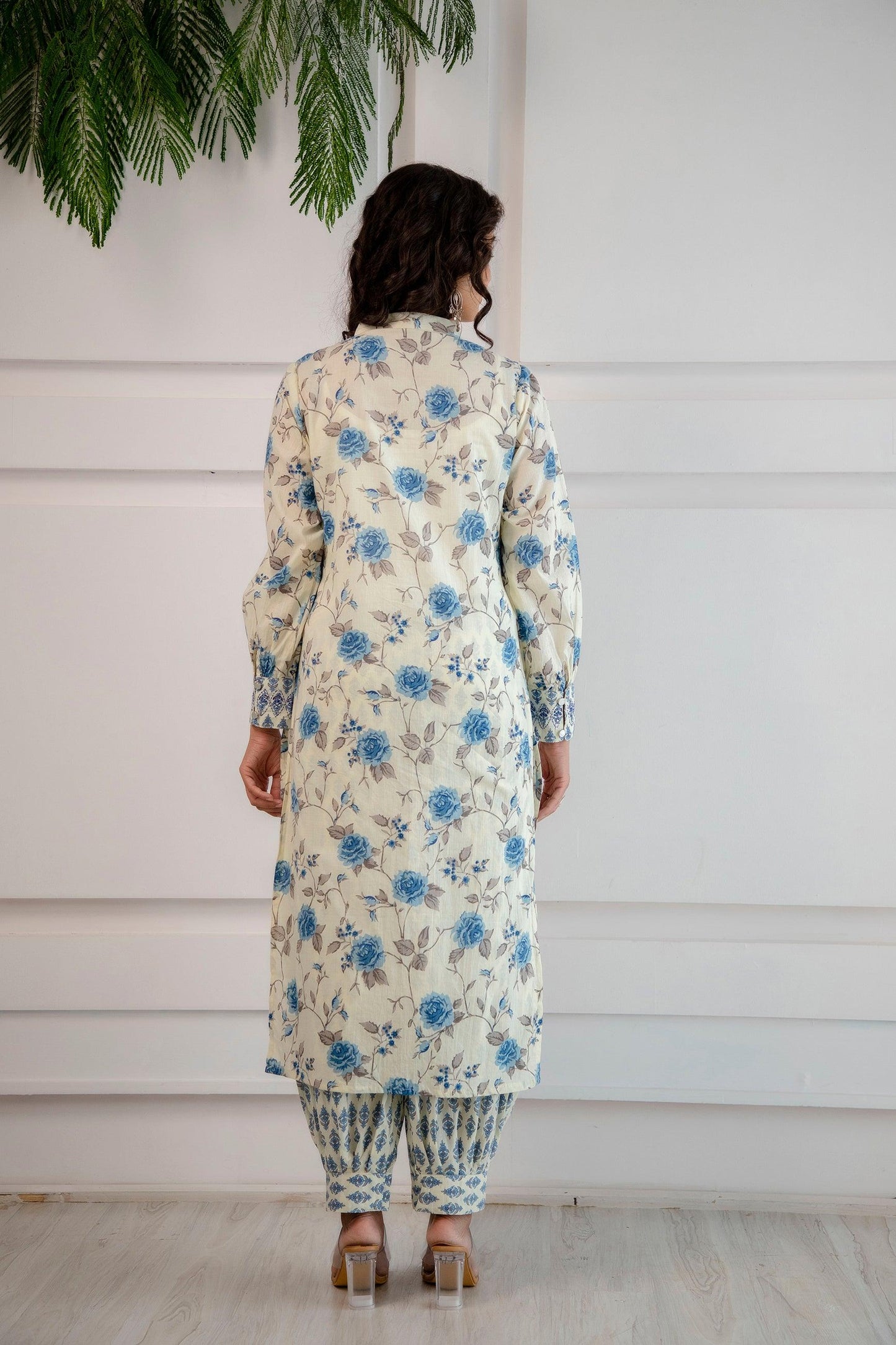 Blue Rose Print Kurta Pant Dupatta Set