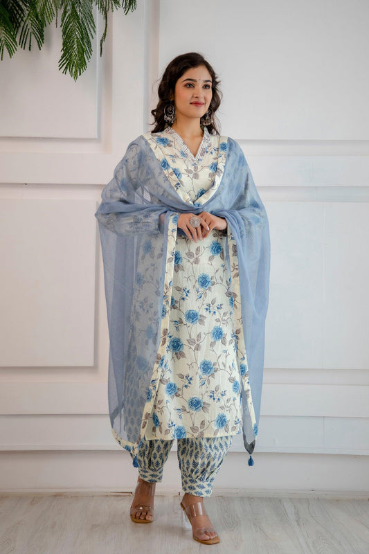 Blue Rose Print Kurta Pant Dupatta Set