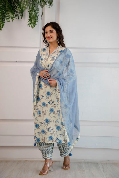 Blue Rose Print Kurta Pant Dupatta Set