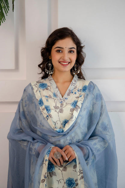 Blue Rose Print Kurta Pant Dupatta Set