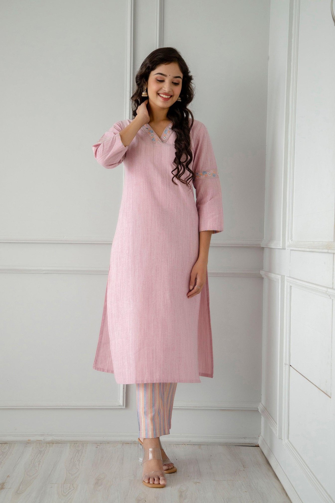 Salmon Pink Handloom Cotton Short Kurta