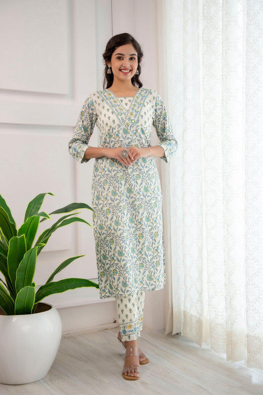 Blue and White Printed Cotton Hand Mirror Kurta Pant Set