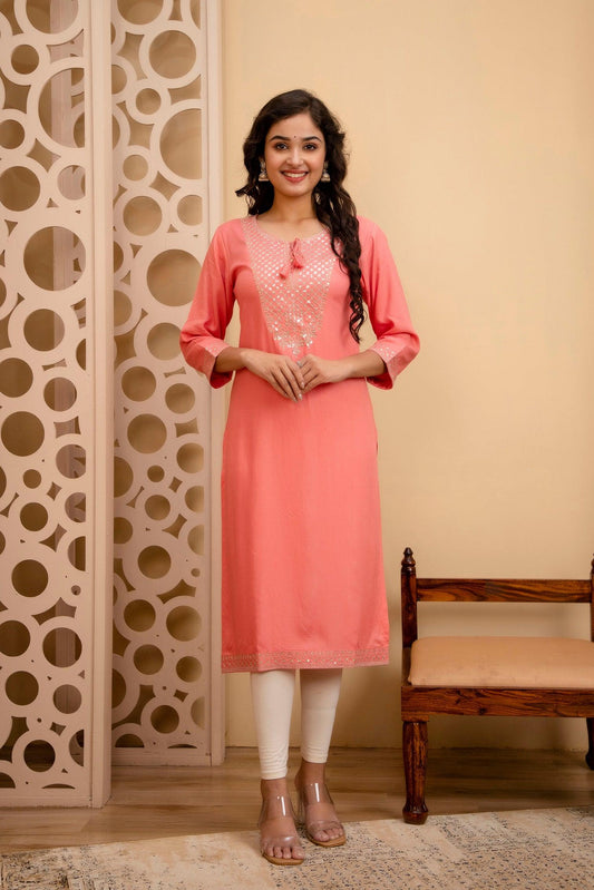 Coral Pink Sequins Zari Embroidered Kurta