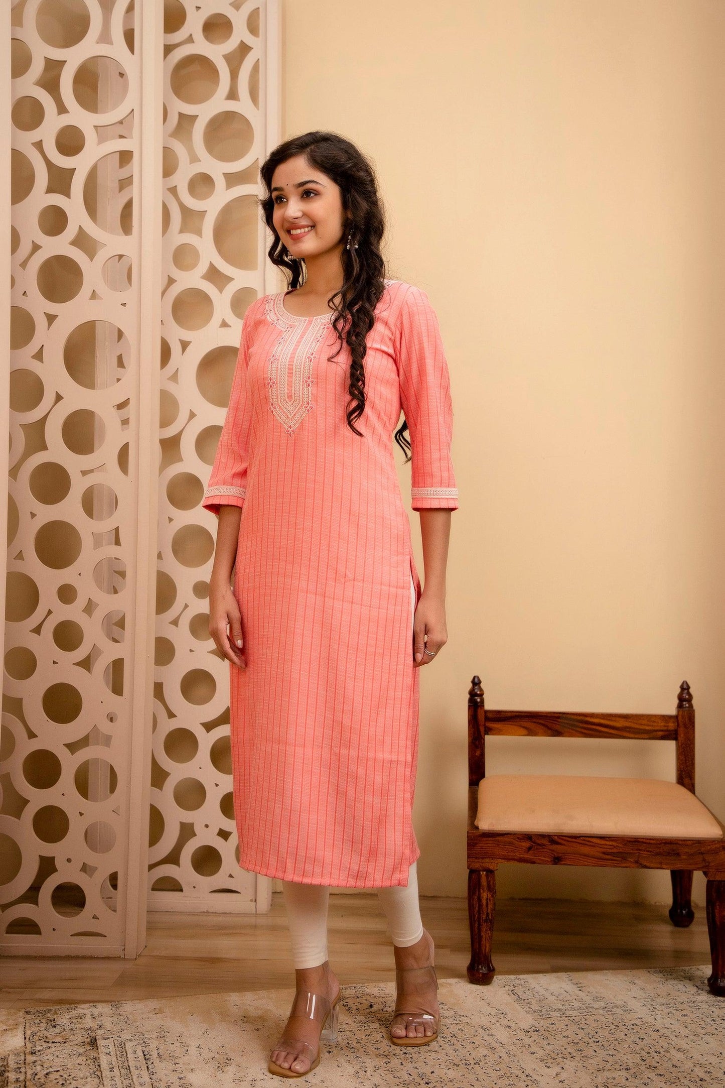 Coral Colour Embroidered Dobby Rayon Kurta