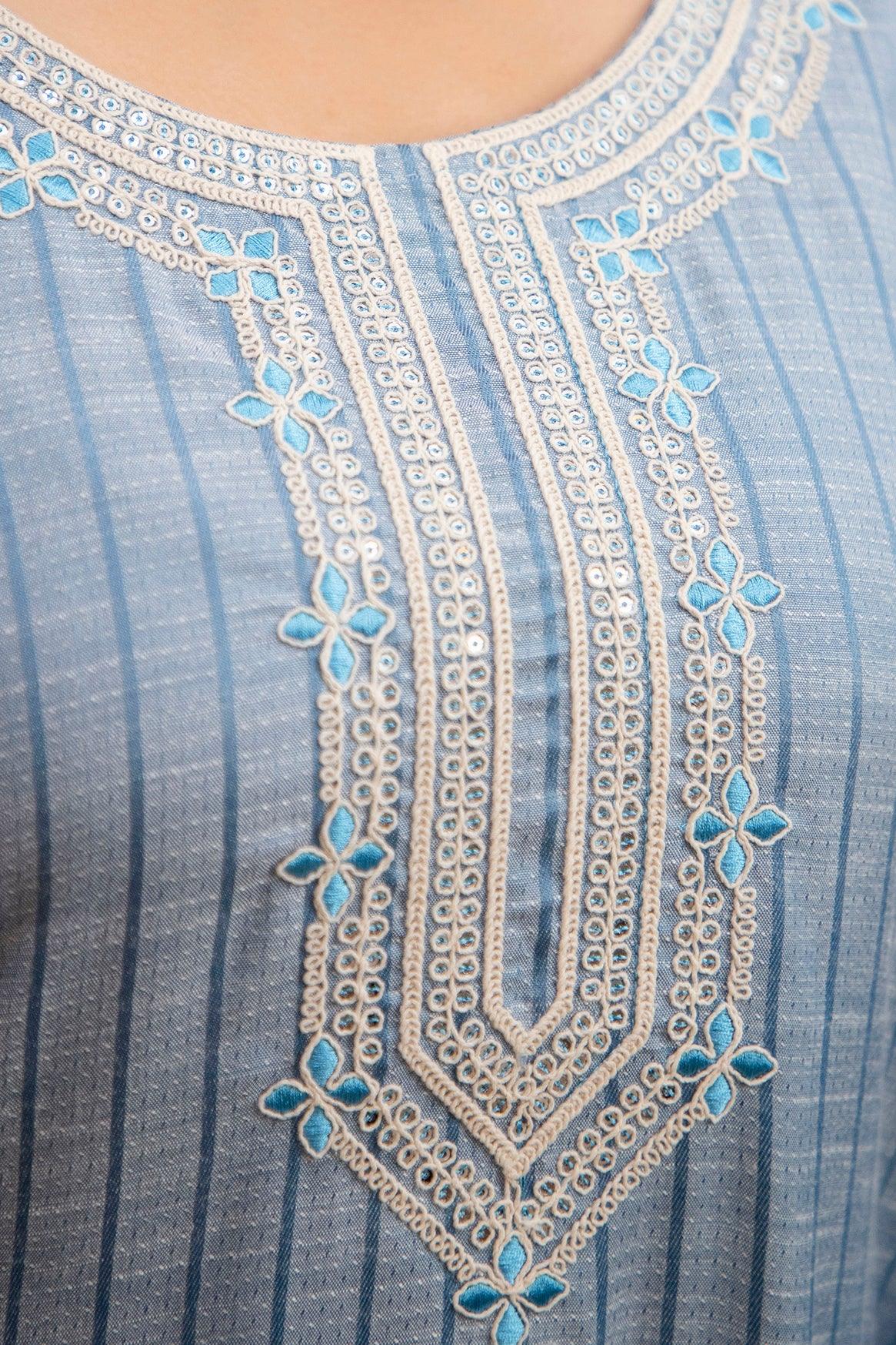 Blue Embroidered Dobby Rayon Kurta