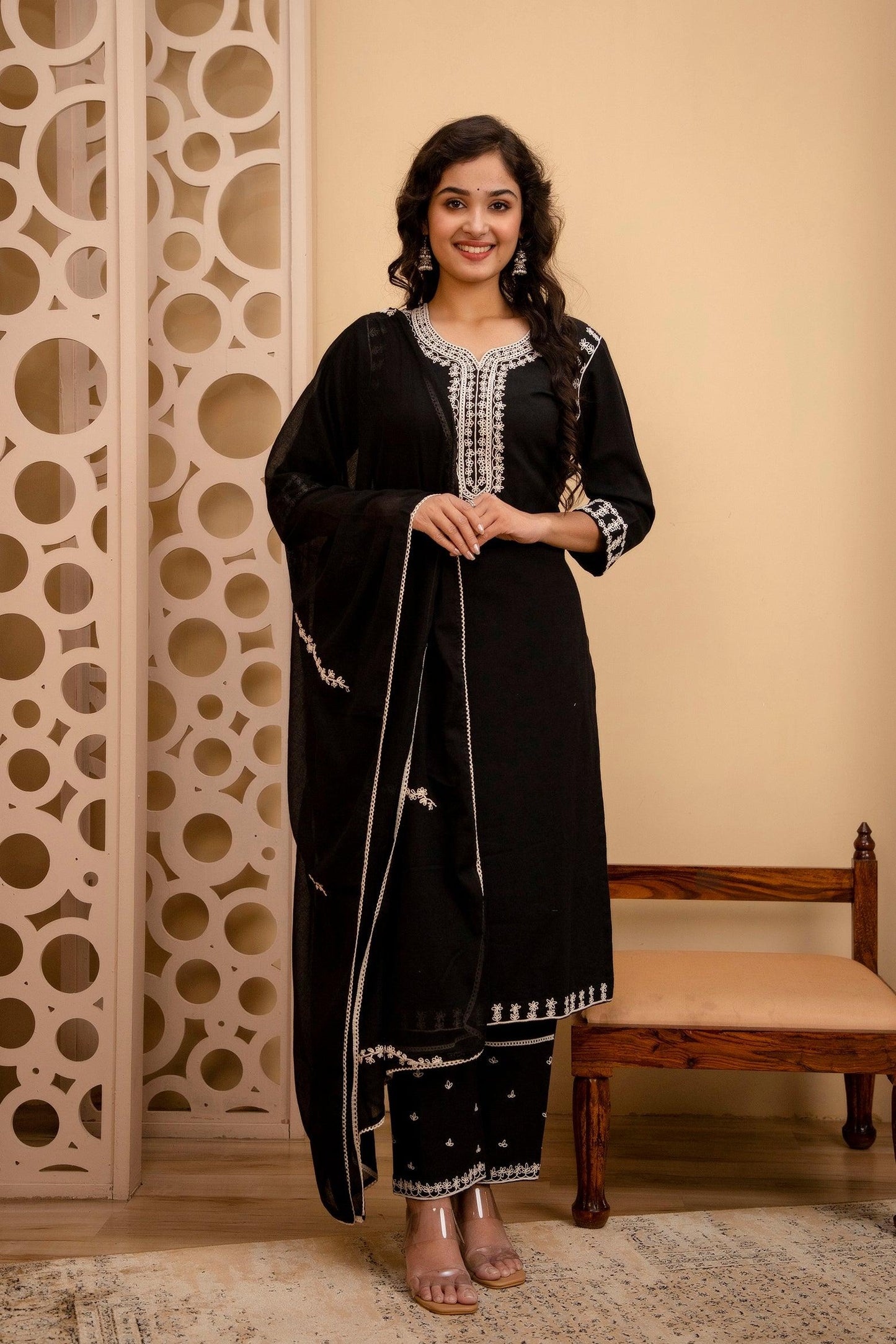 Black Dori Embroidered Flex Suit Set