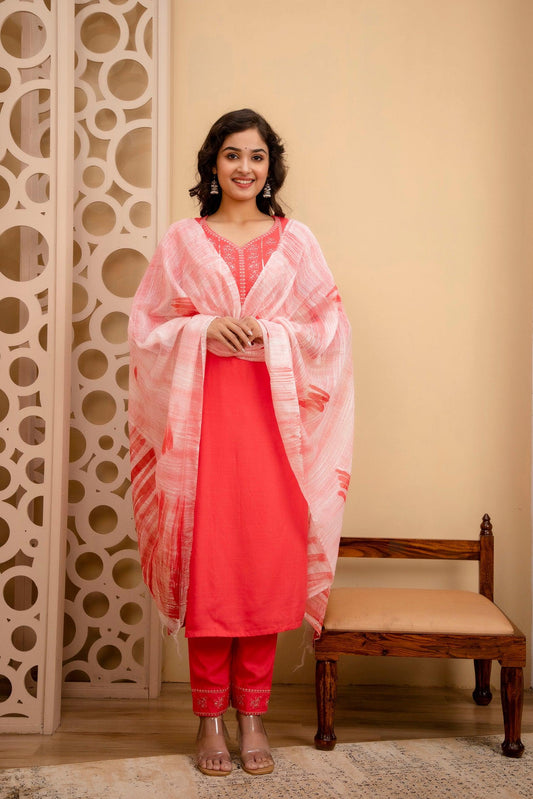 Coral Pink Rayon Zari and Sequins Embroidered Suit Set