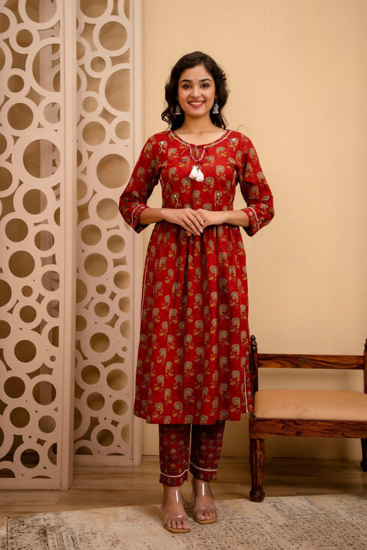 Nyra Cut Maroon High Slit Kurta Pant Set