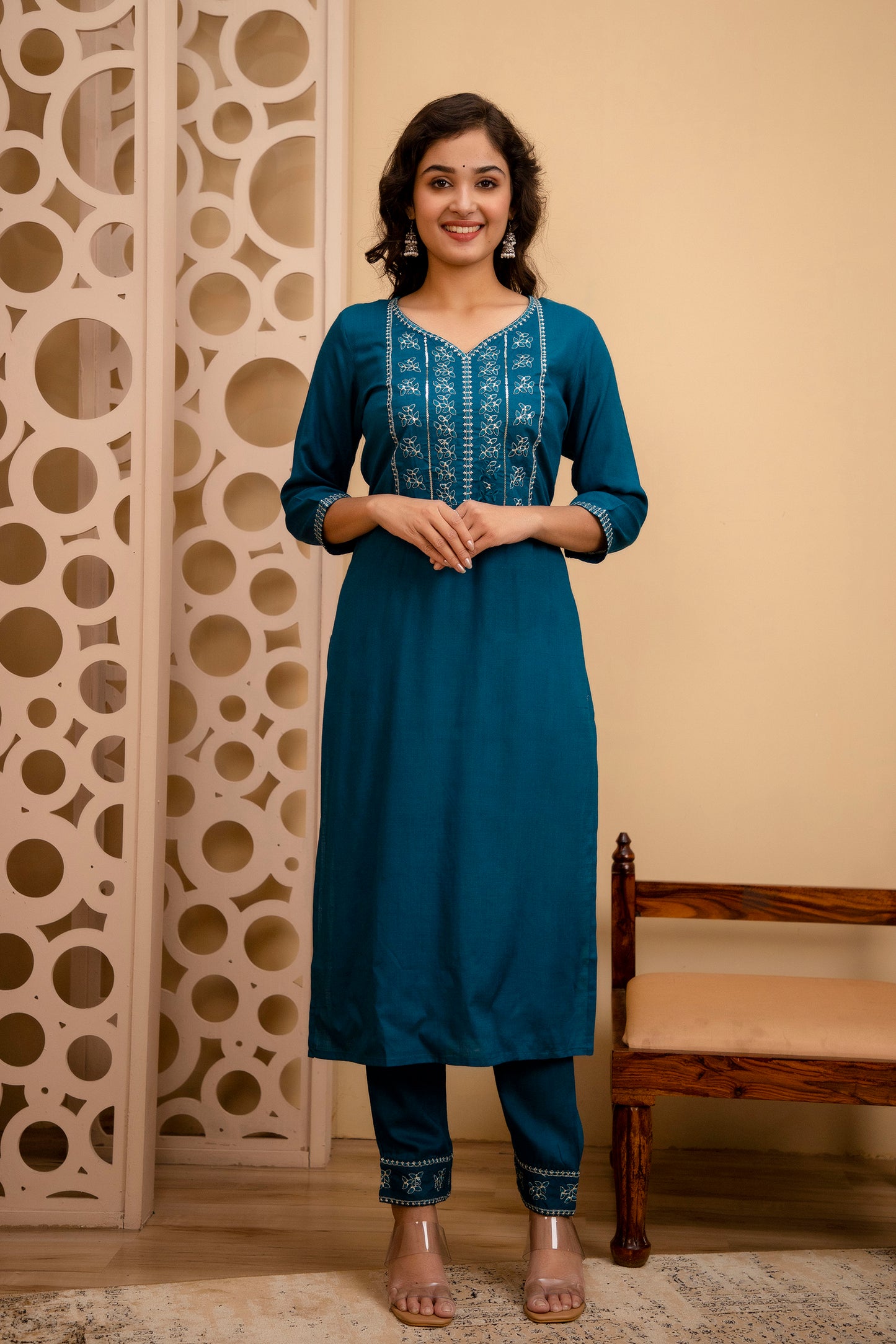 Teal Blue Rayon Zari ad Sequins Embroidered Suit Set