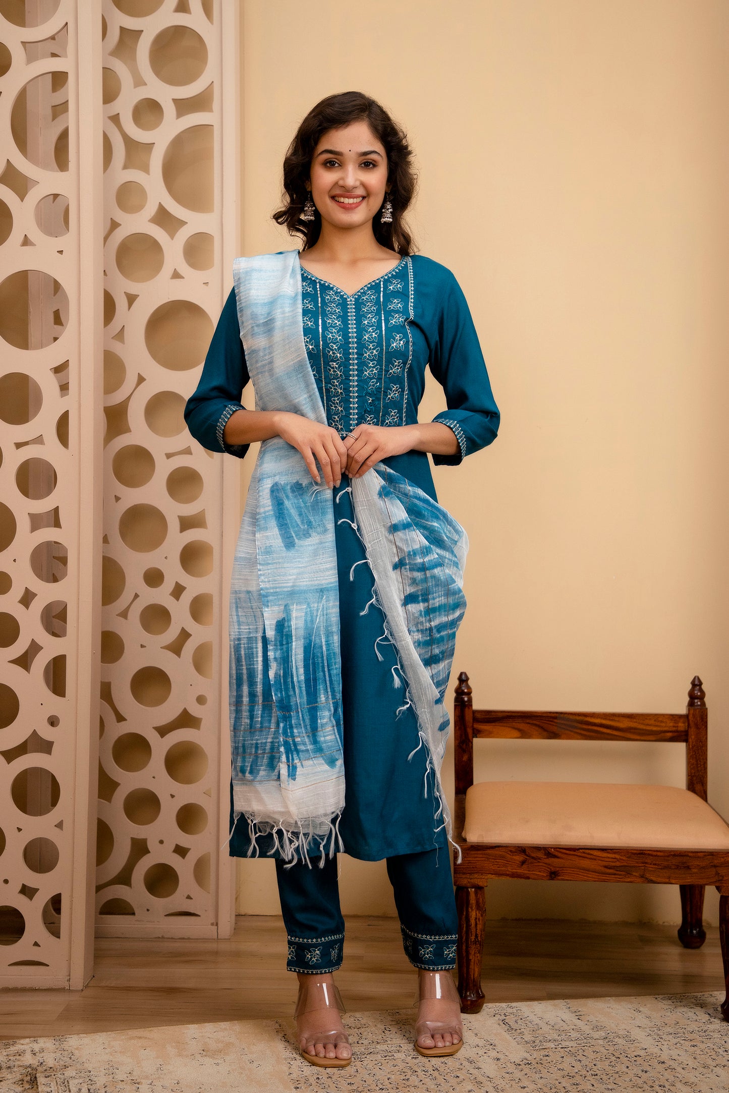 Teal Blue Rayon Zari ad Sequins Embroidered Suit Set