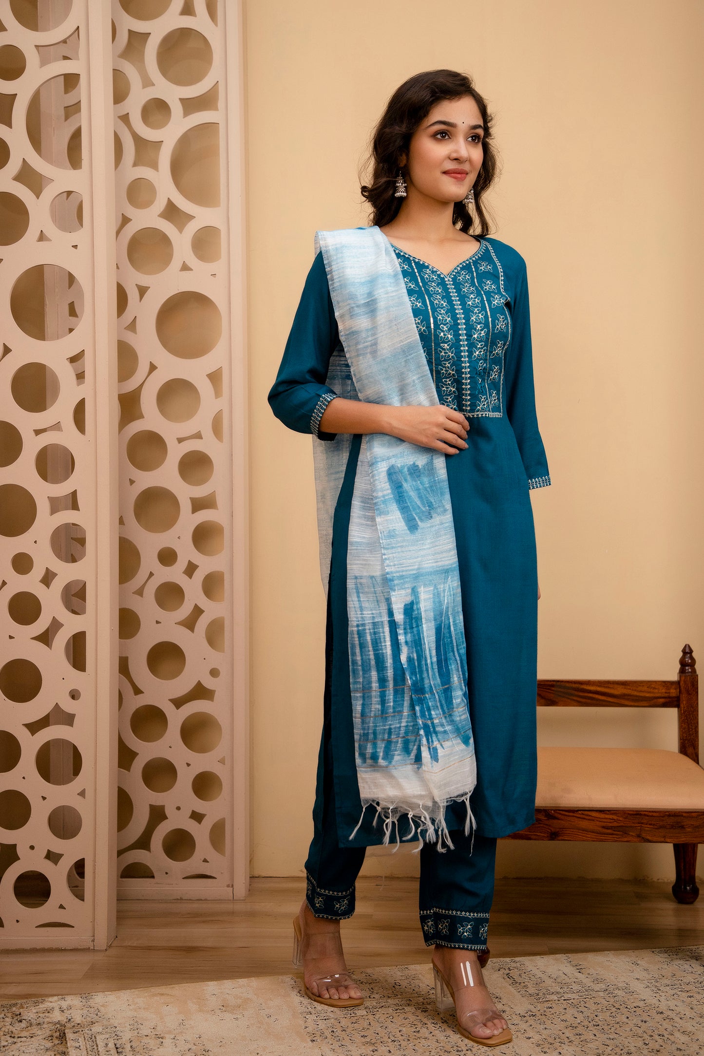 Teal Blue Rayon Zari ad Sequins Embroidered Suit Set