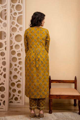 Women Mustard Rayon Nyra Cut Embroidered & Printed kurta with Pant & Dupatta
