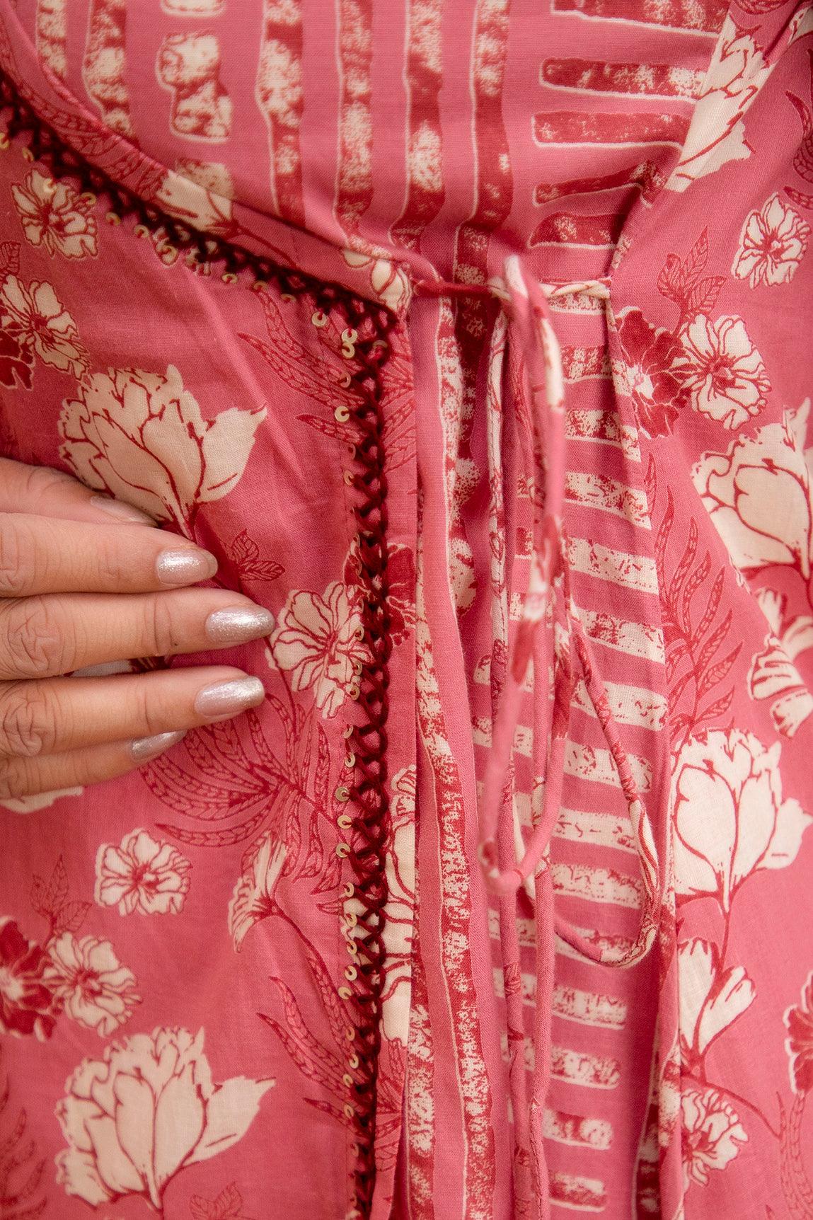 Rose Pink Printed Cotton Angarkha Kurta Pant Dupatta Set