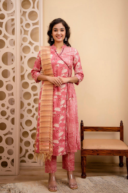 Rose Pink Printed Cotton Angarkha Kurta Pant Dupatta Set