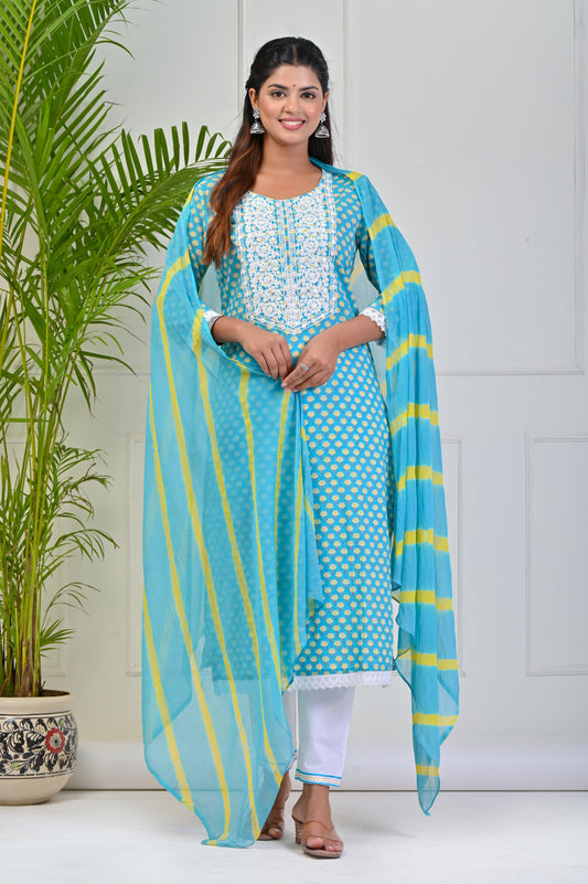 Turquoise Blue Embroidered Kurta pant with Lehariya Dupatta