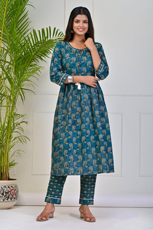 Nyra Cut Teal Blue High Slit Kurta Pant Set