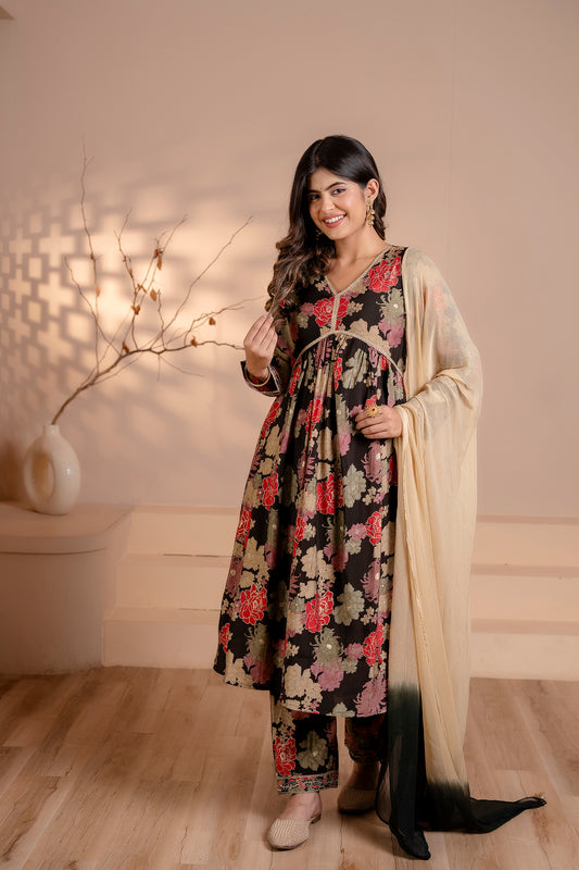 Black Floral Muslin Silk Suit Set