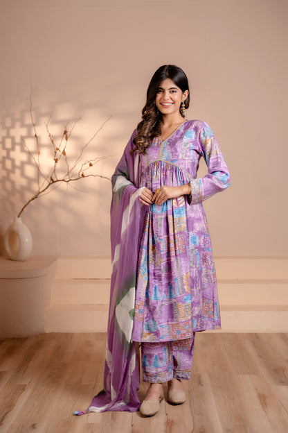 Lavender Abstract Print Suit Set