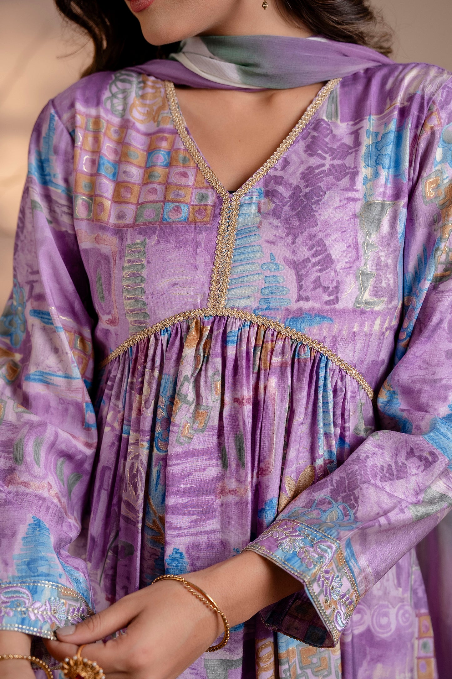 Lavender Abstract Print Suit Set