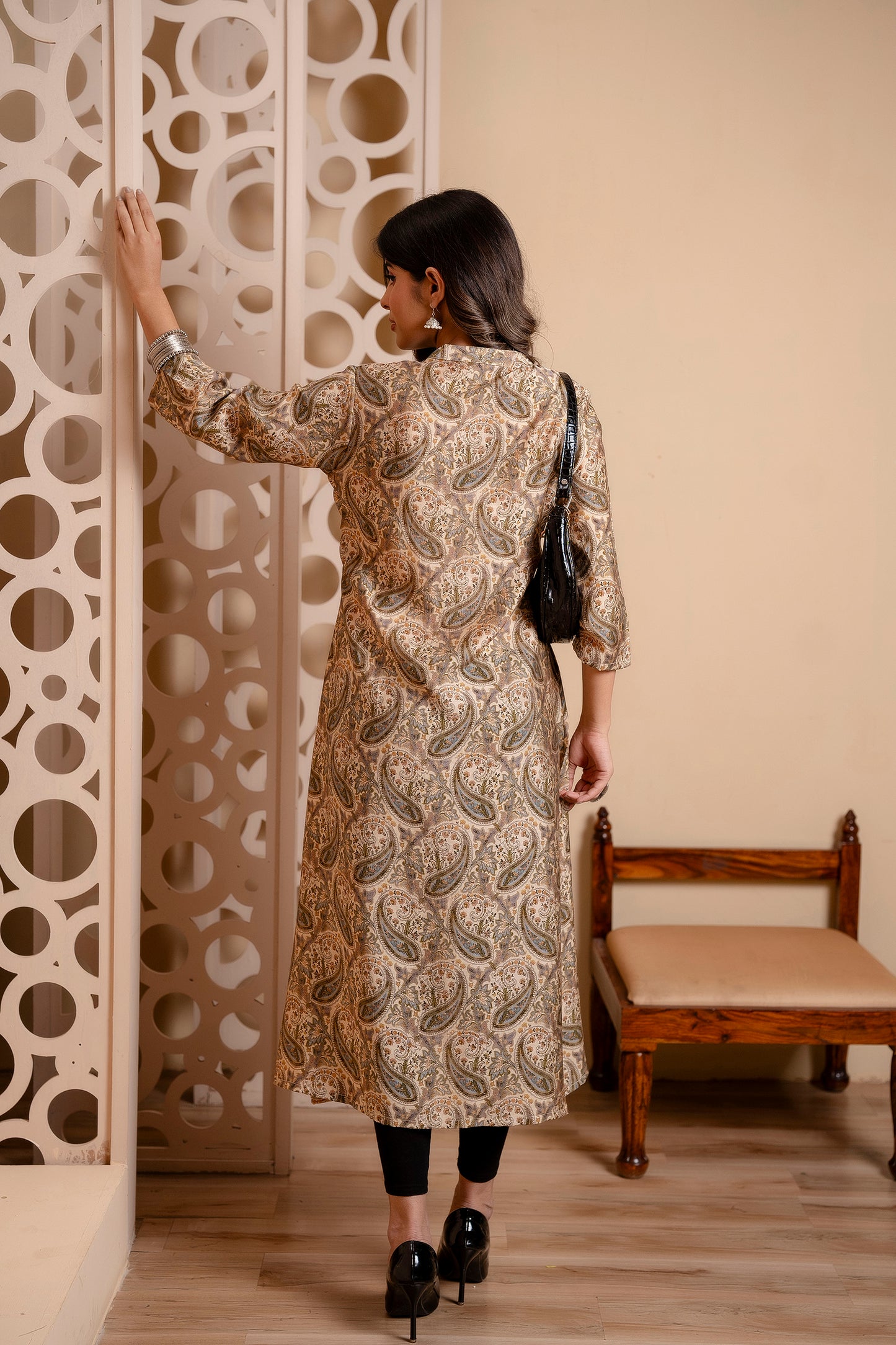 Beige Pasiley Print A-Line Kurti