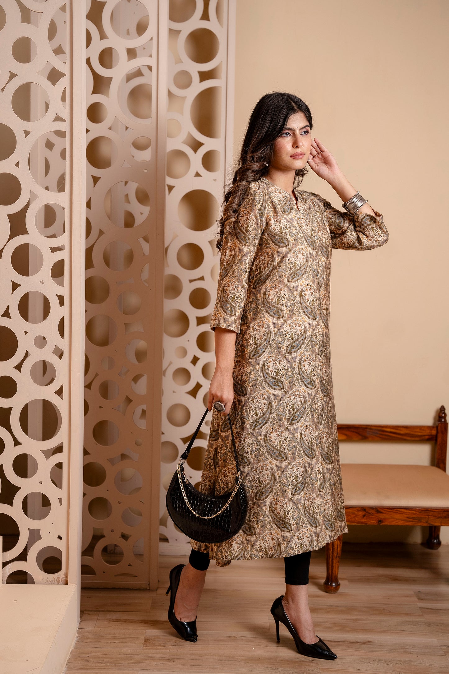 Beige Pasiley Print A-Line Kurti