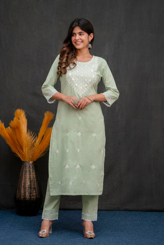 Green Embroidered Kurta And Lace Pants Set