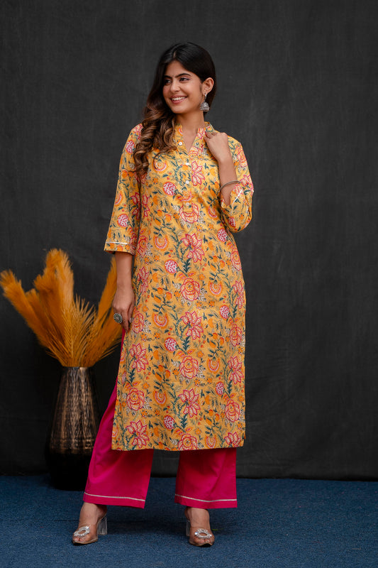 Yellow Printed Kurta Pant Set