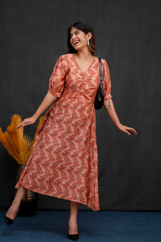 Peach Printed Long Dress