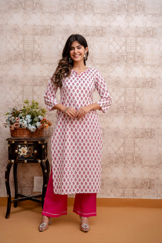 White and Pink Cotton Printed Kurta Set